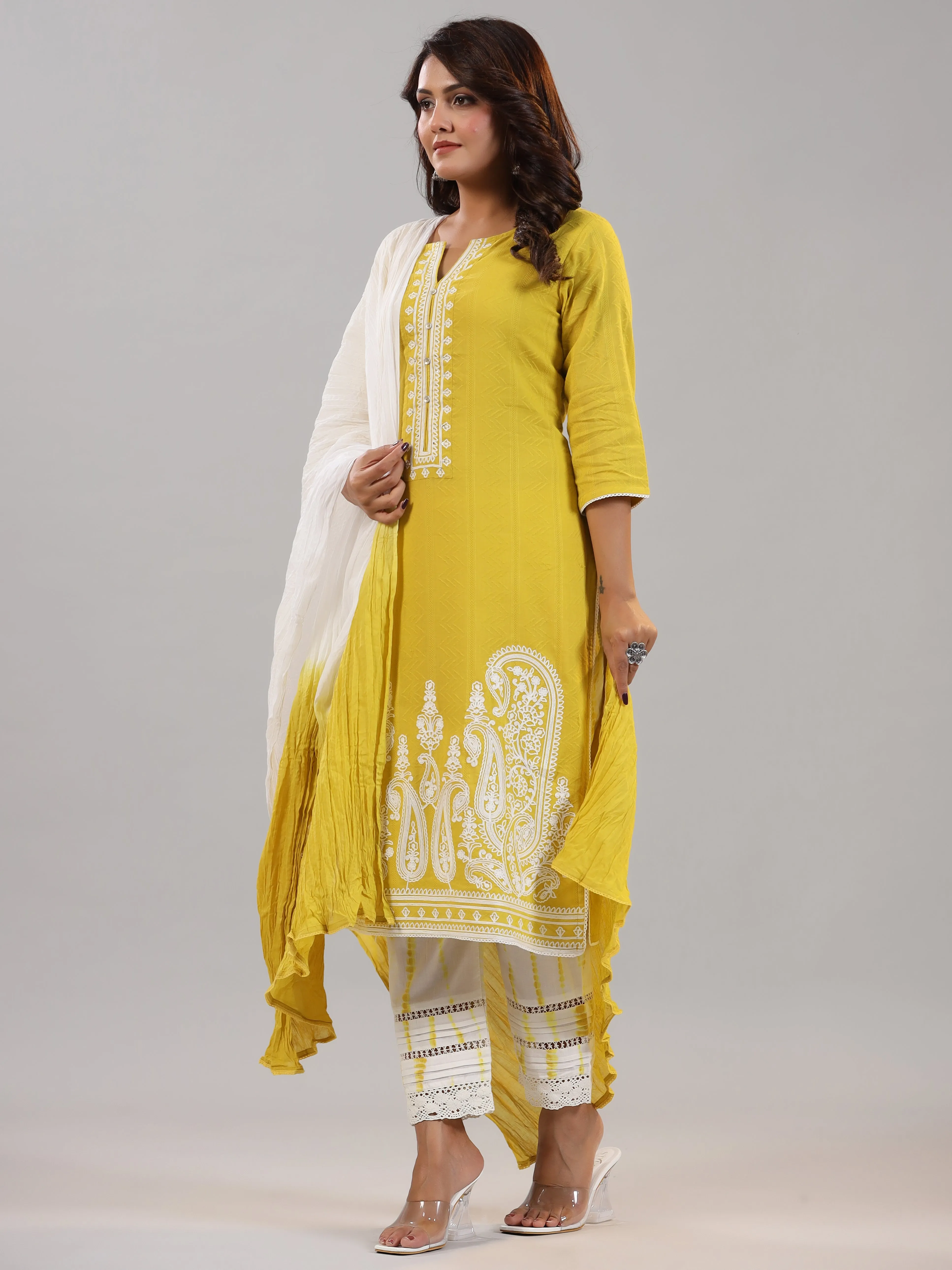 Women Lime Cotton Dobby Embroidered Kurta, Pants & Dupatta Set