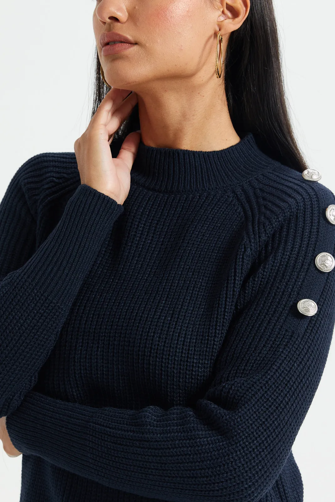 Women Navy Twofer Sweater With Button Details