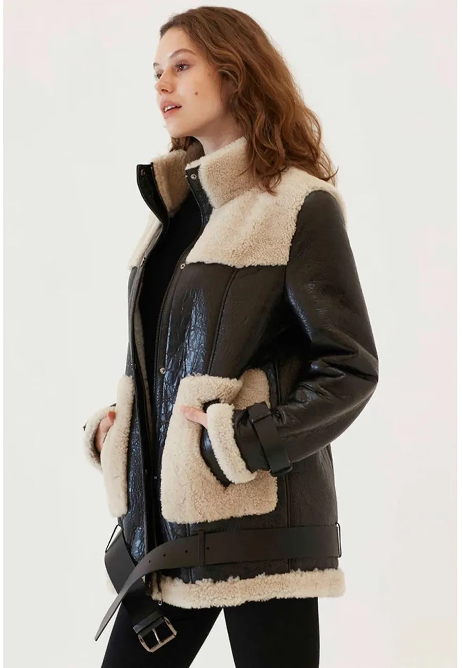 Women's Black Leather Shearling Long Coat