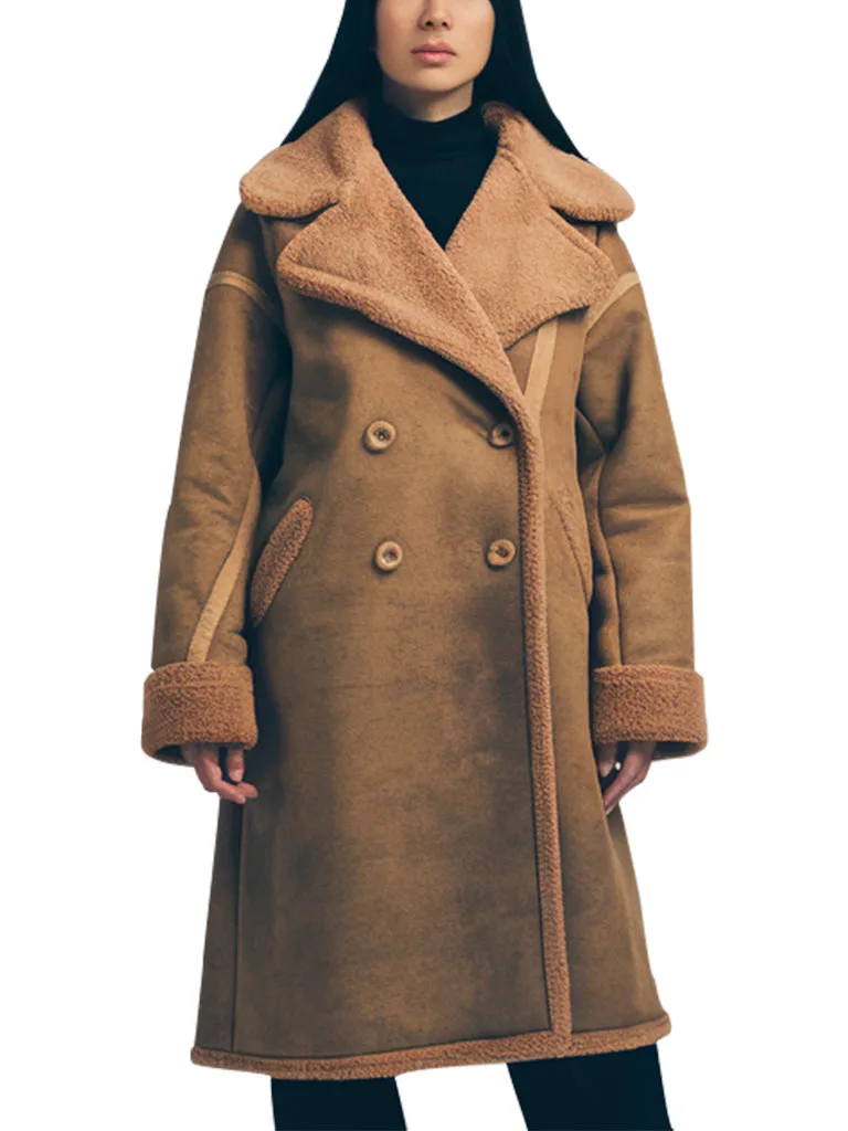 Women's Camel Shearling Double-Breasted Long Coat