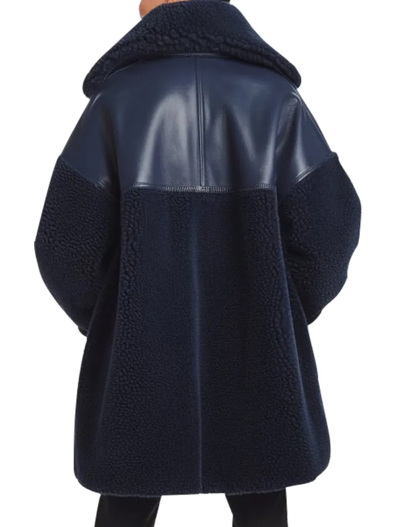 Women's Navy Blue Oversized Shearling leather Coat