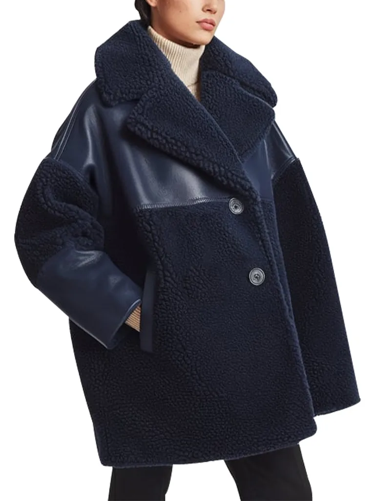 Women's Navy Blue Oversized Shearling leather Coat