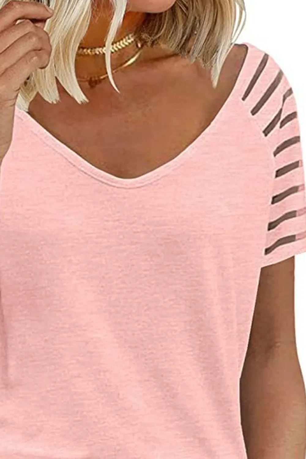 Women's V-Neck Raglan Mesh-Striped Sleeve T-Shirt