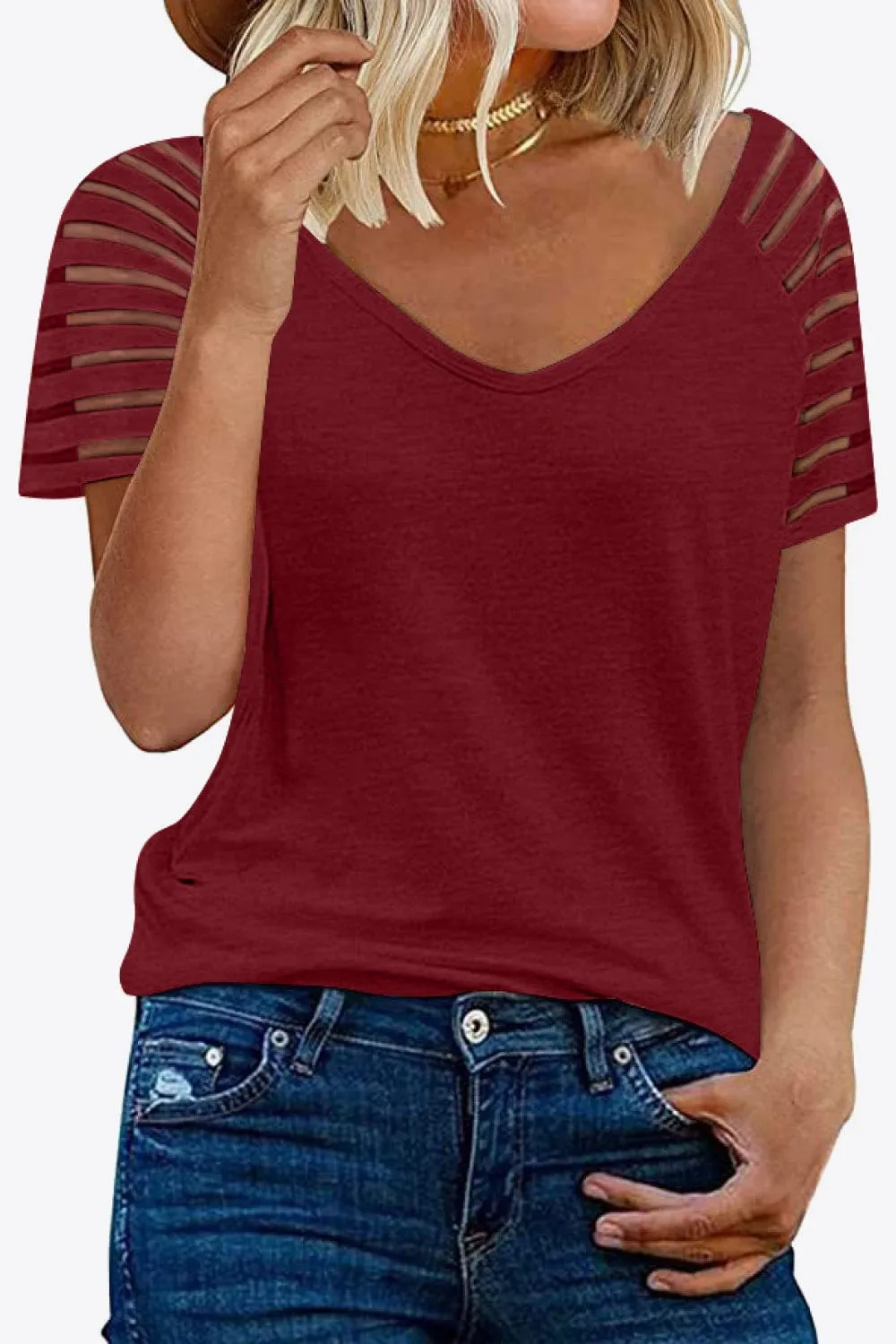 Women's V-Neck Raglan Mesh-Striped Sleeve T-Shirt