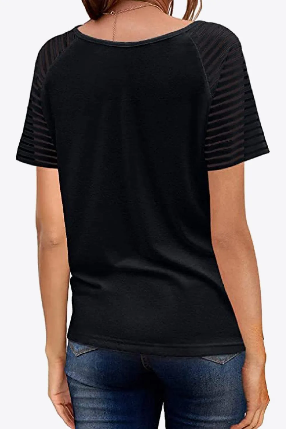 Women's V-Neck Raglan Mesh-Striped Sleeve T-Shirt