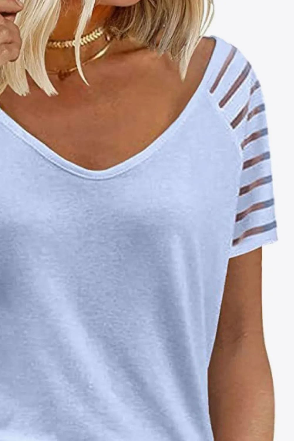 Women's V-Neck Raglan Mesh-Striped Sleeve T-Shirt