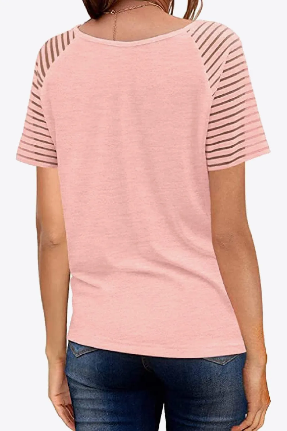 Women's V-Neck Raglan Mesh-Striped Sleeve T-Shirt