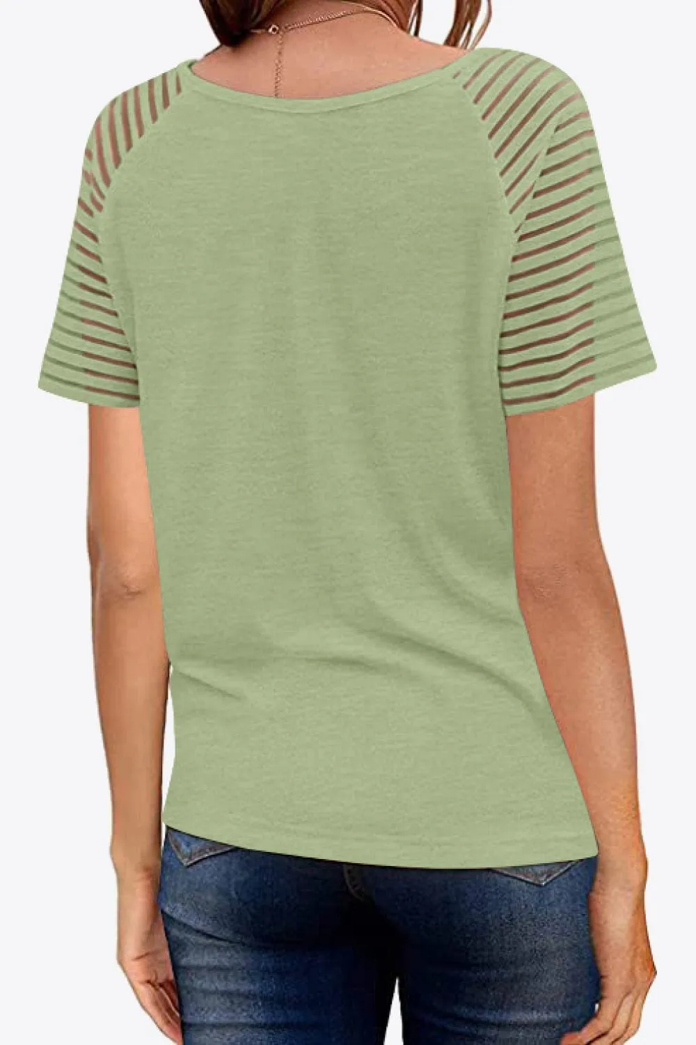 Women's V-Neck Raglan Mesh-Striped Sleeve T-Shirt