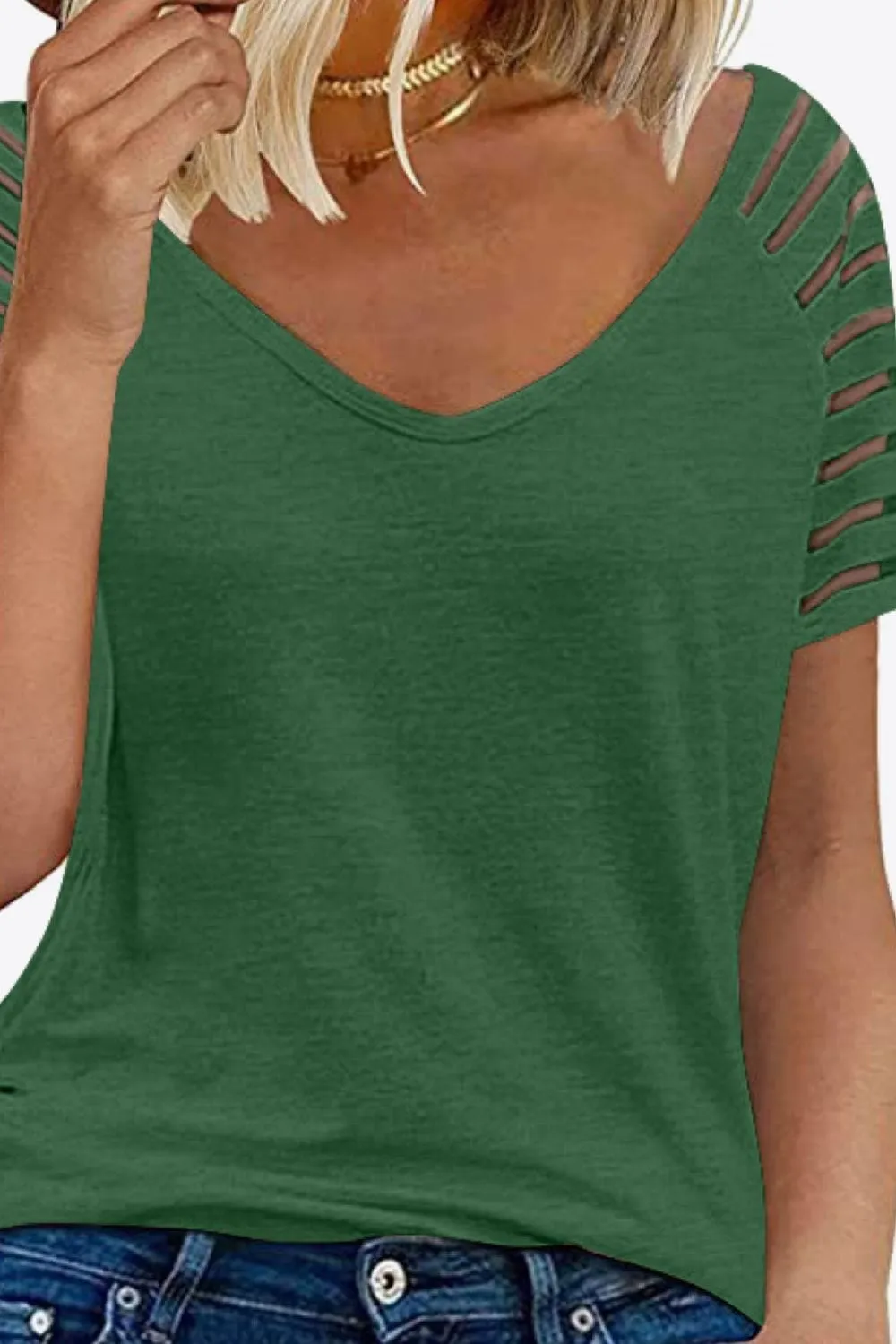 Women's V-Neck Raglan Mesh-Striped Sleeve T-Shirt