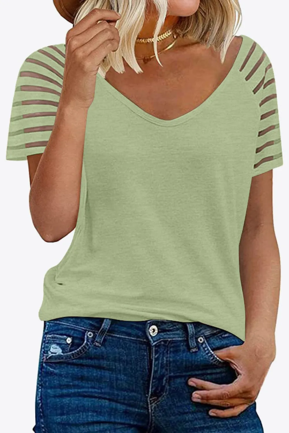 Women's V-Neck Raglan Mesh-Striped Sleeve T-Shirt