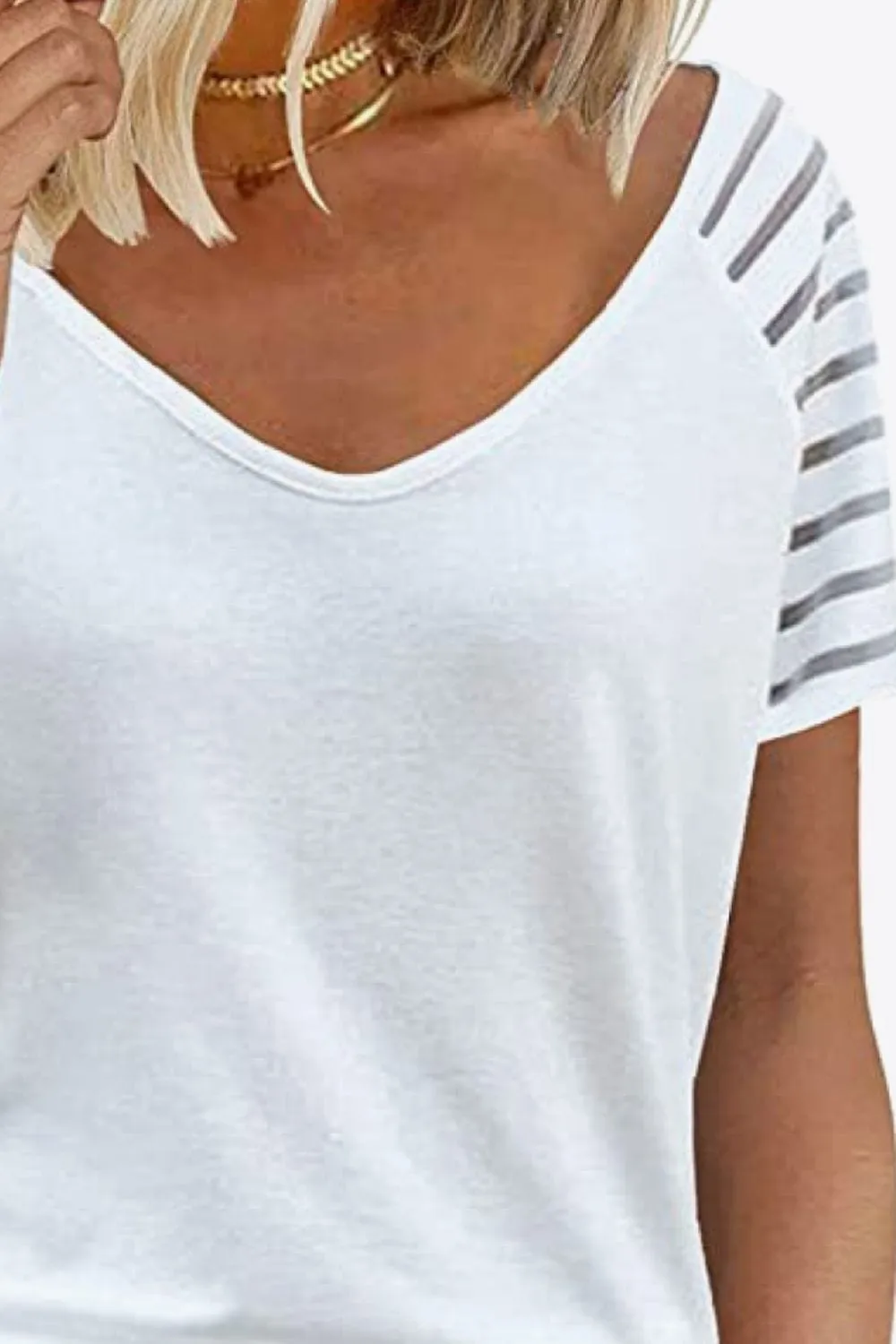 Women's V-Neck Raglan Mesh-Striped Sleeve T-Shirt