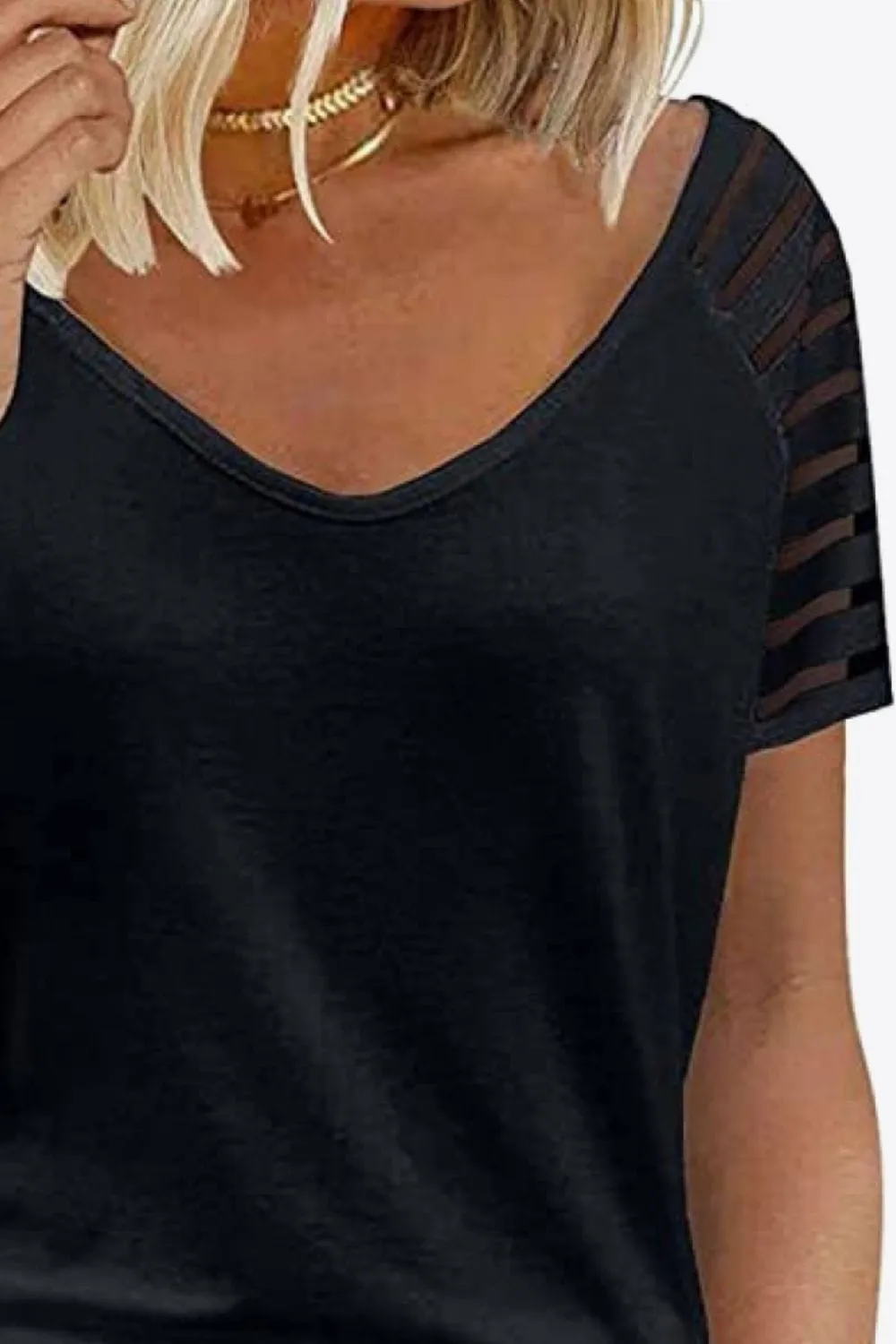 Women's V-Neck Raglan Mesh-Striped Sleeve T-Shirt