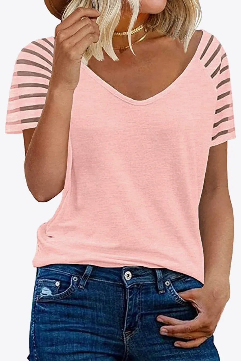 Women's V-Neck Raglan Mesh-Striped Sleeve T-Shirt