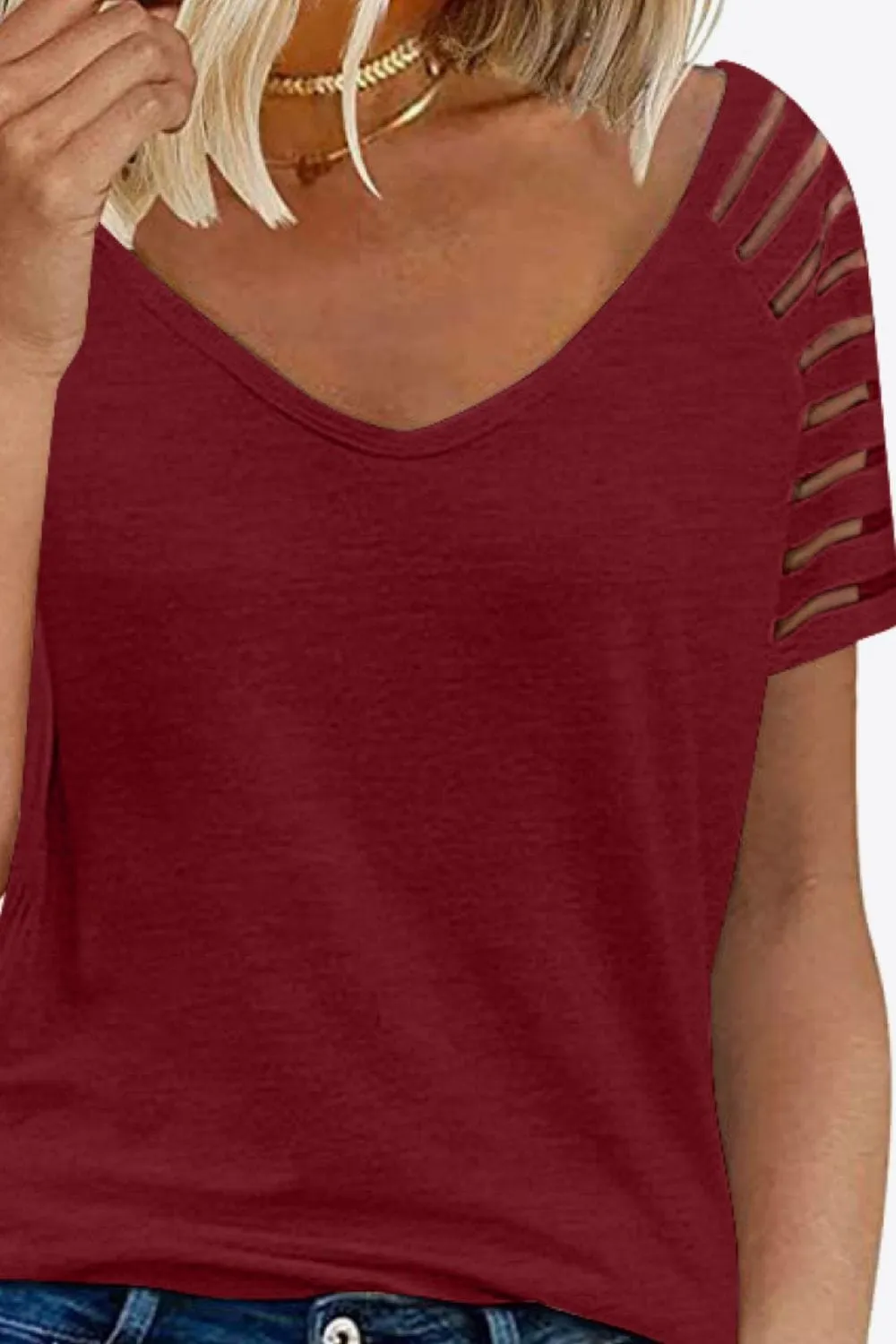 Women's V-Neck Raglan Mesh-Striped Sleeve T-Shirt