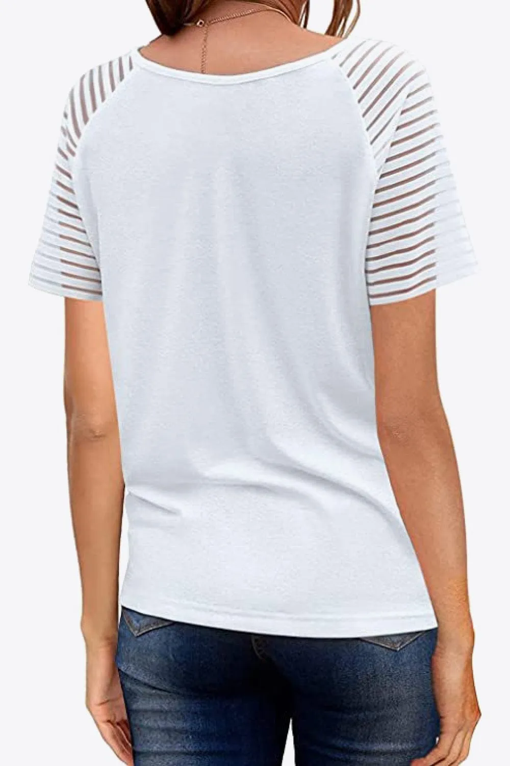 Women's V-Neck Raglan Mesh-Striped Sleeve T-Shirt