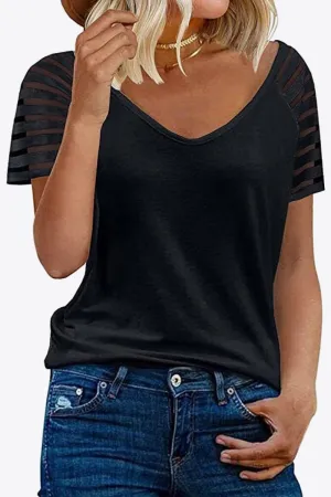 Women's V-Neck Raglan Mesh-Striped Sleeve T-Shirt