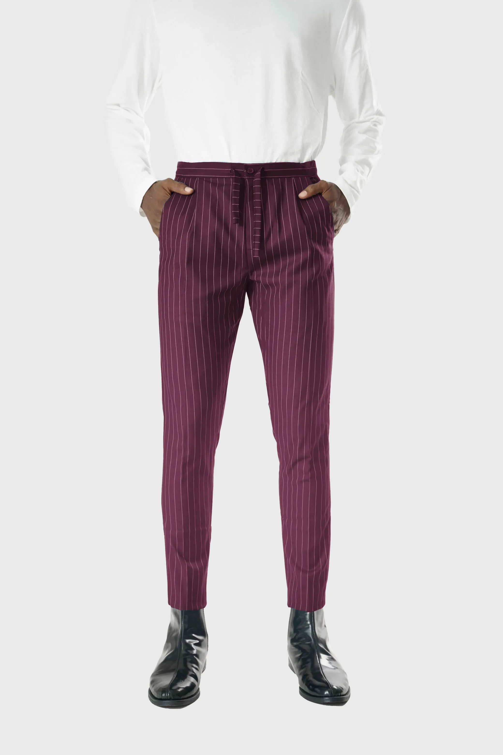 Wool Drawstring Pants in Purple Pinstripe