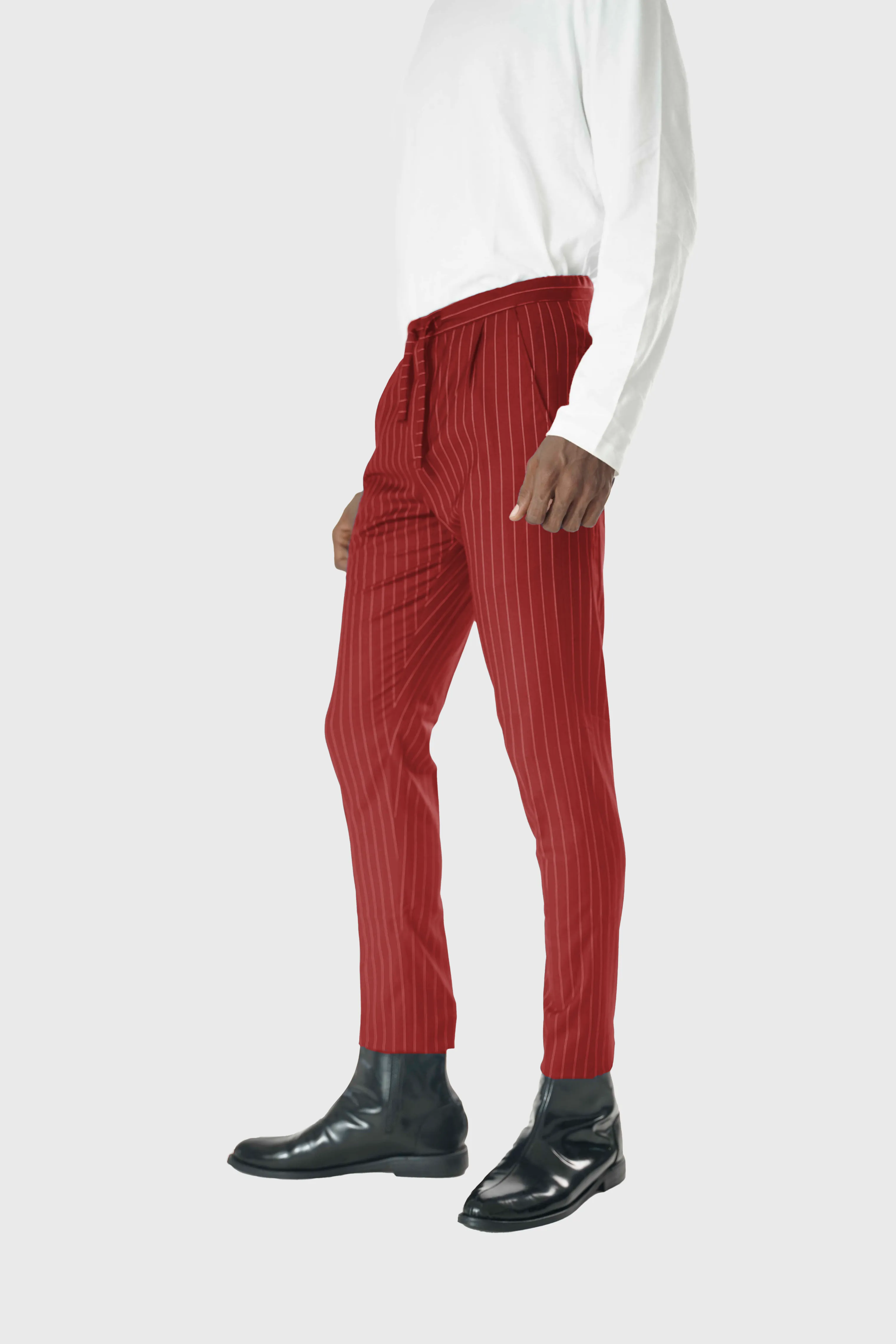 Wool Drawstring Pants in Red Pinstripe