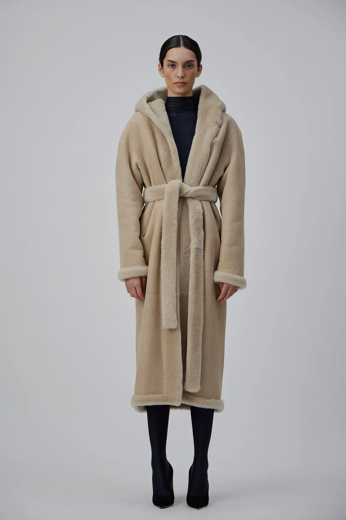 WRAP SHEARLING COAT IN MACCHIATO