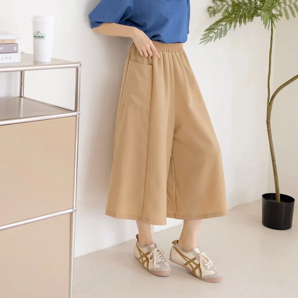 Wrinkle Free Wide Leg Elastic Waist Culottes Long Pants Trousers