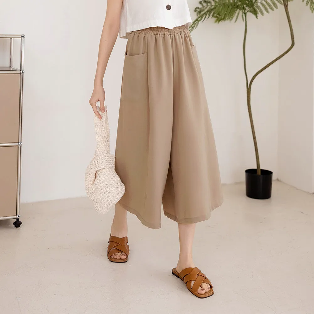 Wrinkle Free Wide Leg Elastic Waist Culottes Long Pants Trousers