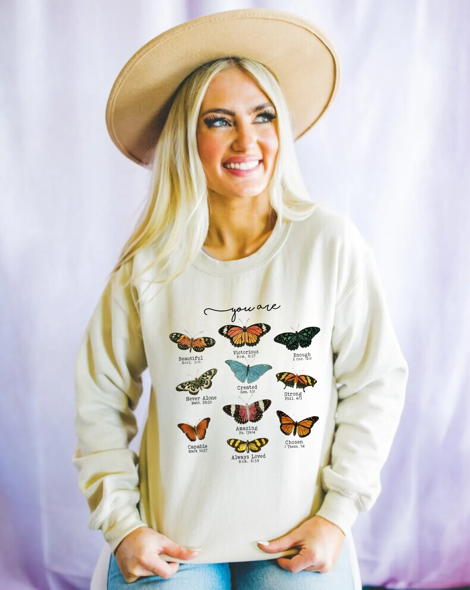 You Are Worthy Bible Verse Butterfly Sweatshirt | Christian Crewneck Sweatshirt for Women